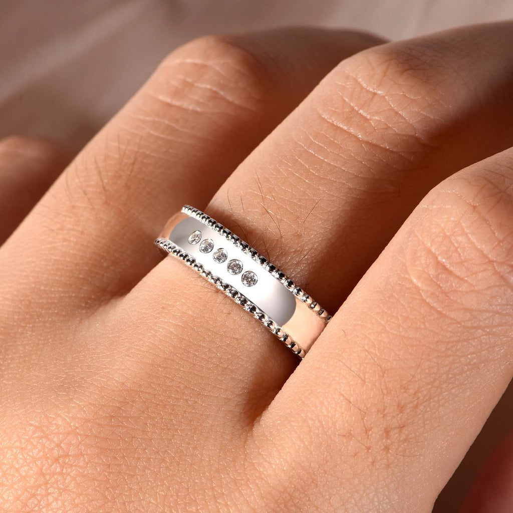 S925 Sterling Silver Wide Pearl Edge Moissanite Ring | White Gold, US Size 5–11