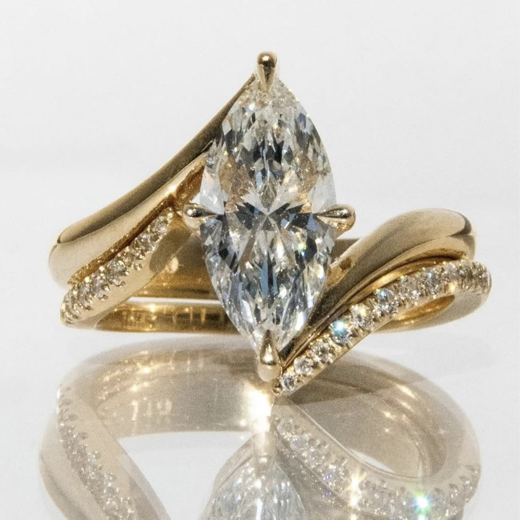 S925 Sterling Silver Marquise Moissanite Stackable Ring | Gold Curved Band