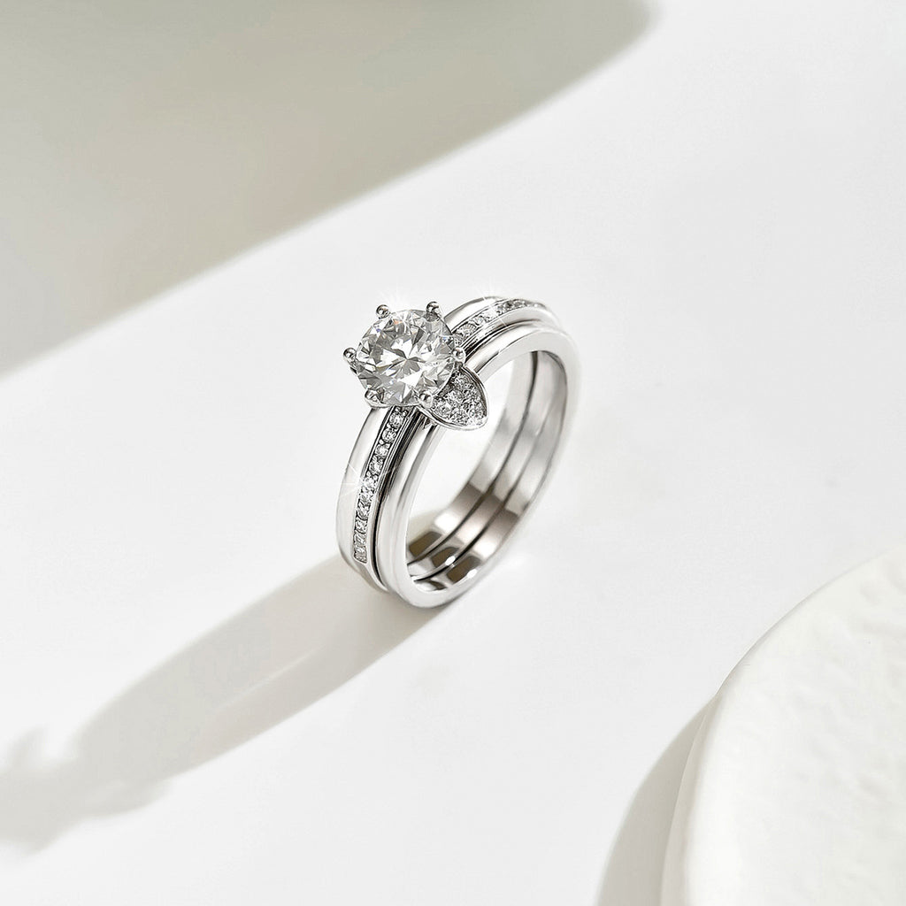S925 Sterling Silver Double Layer Moissanite Ring Set | Engagement & Wedding