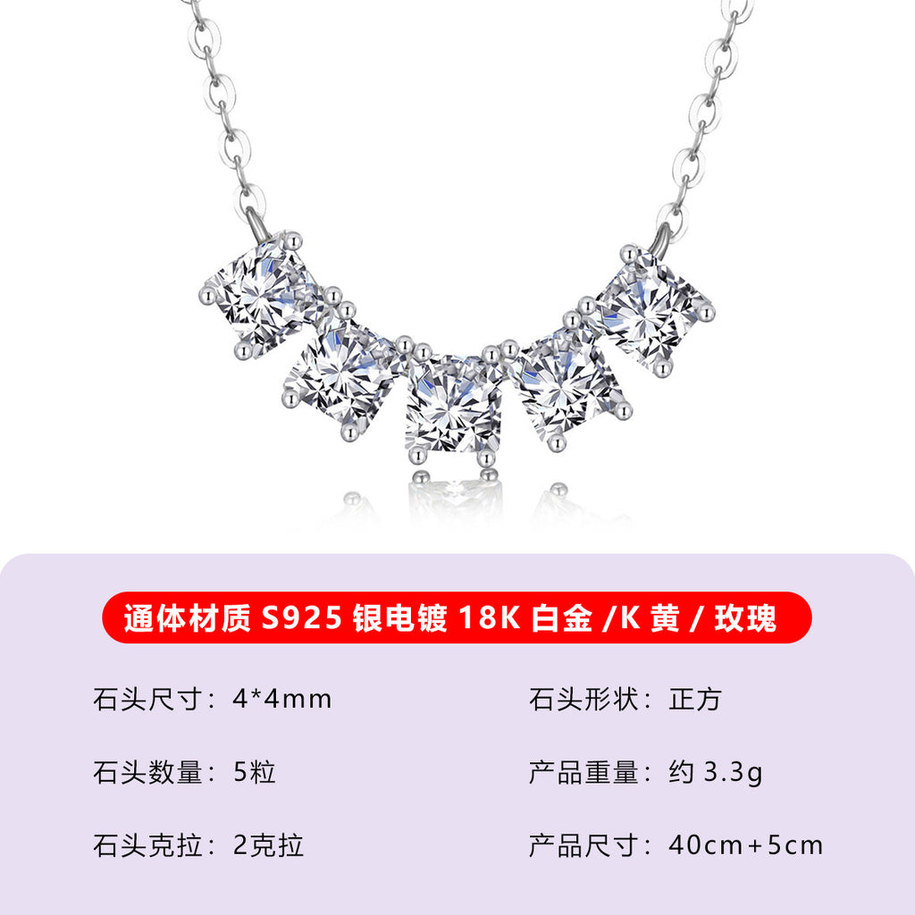 S925 Sterling Silver Square Row Moissanite Pendant Necklace | White Gold