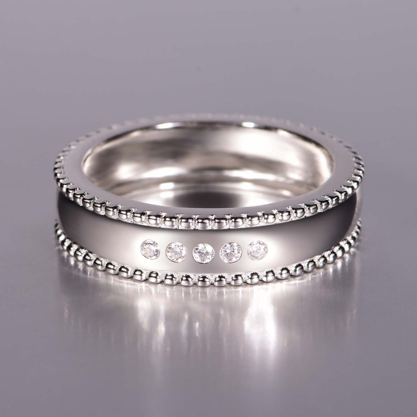 S925 Sterling Silver Wide Pearl Edge Moissanite Ring | White Gold, US Size 5–11