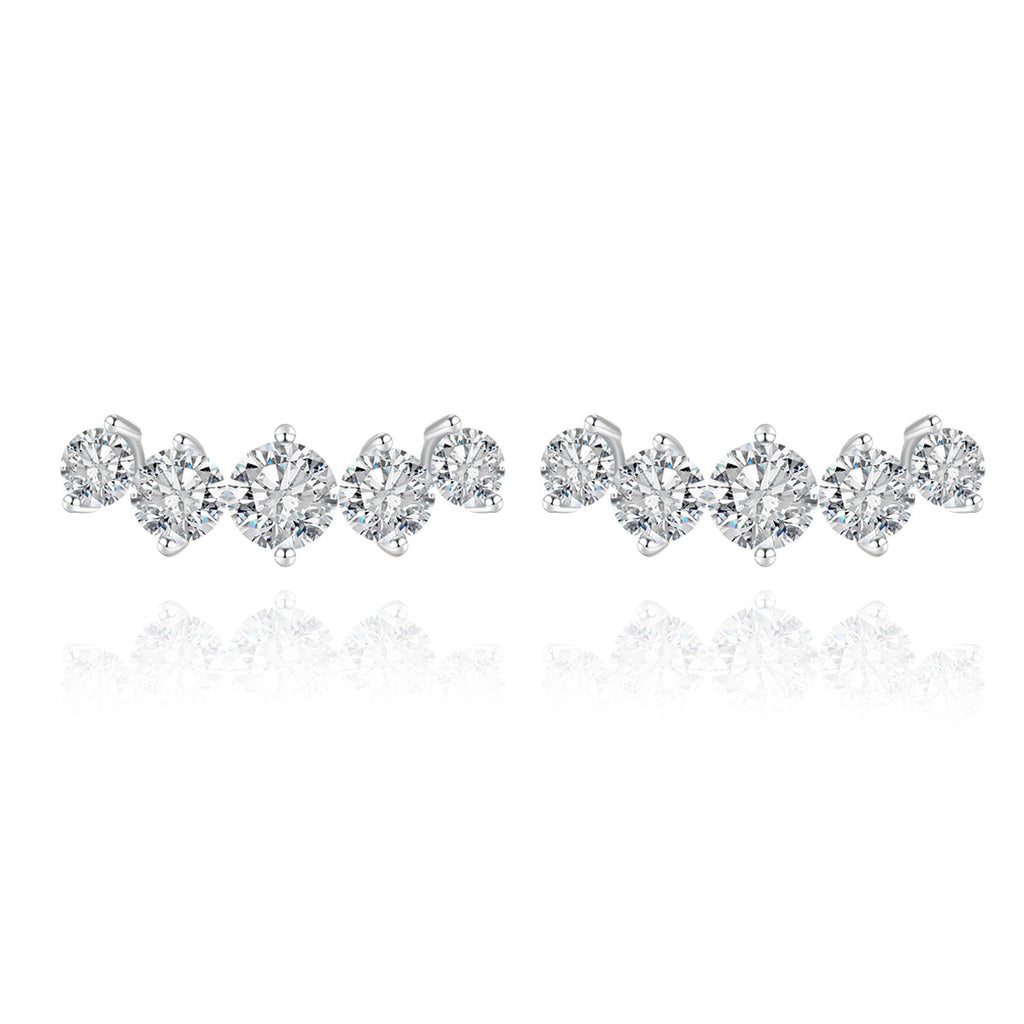 S925 Sterling Silver Five Stone Row Moissanite Stud Earrings | White Gold
