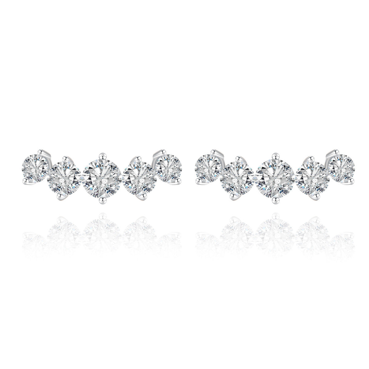 S925 Sterling Silver Five Stone Row Moissanite Stud Earrings | White Gold
