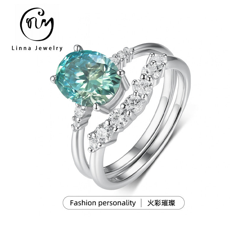 S925 Sterling Silver Green Moissanite Stackable Ring Set | 2CT