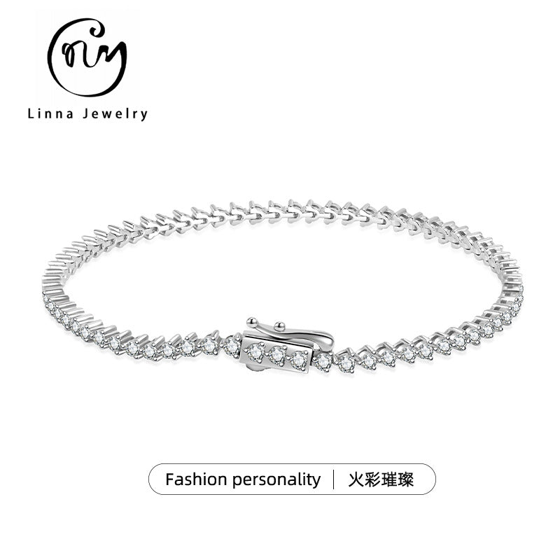 跨境欧美S925纯银莫桑石手链嘻哈网球手链叠戴时尚轻奢高级感