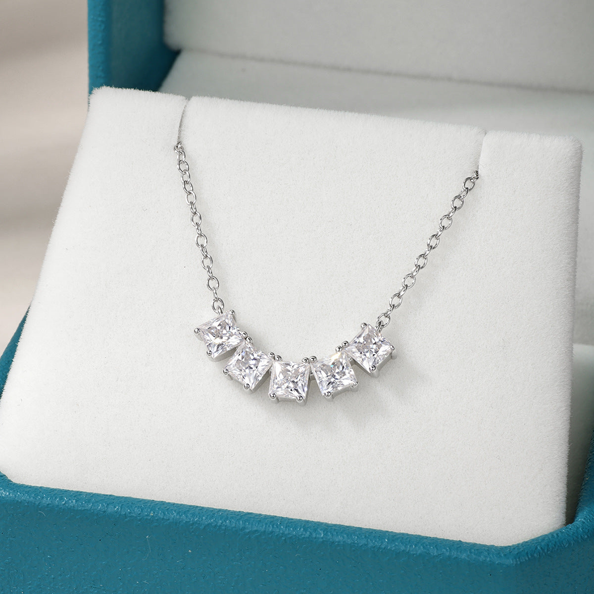 S925 Sterling Silver Square Row Moissanite Pendant Necklace | White Gold