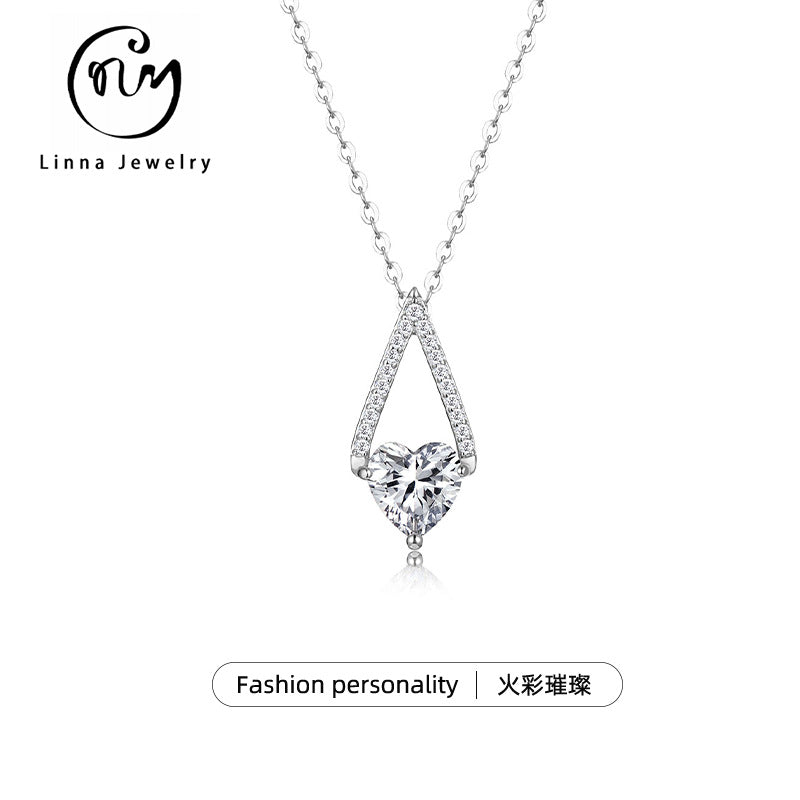 S925 Sterling Silver Triangle Heart Moissanite Pendant Necklace | White Gold