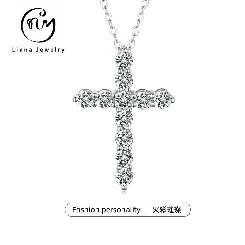 S925 Sterling Silver Moissanite Cross Pendant Necklace | White Gold