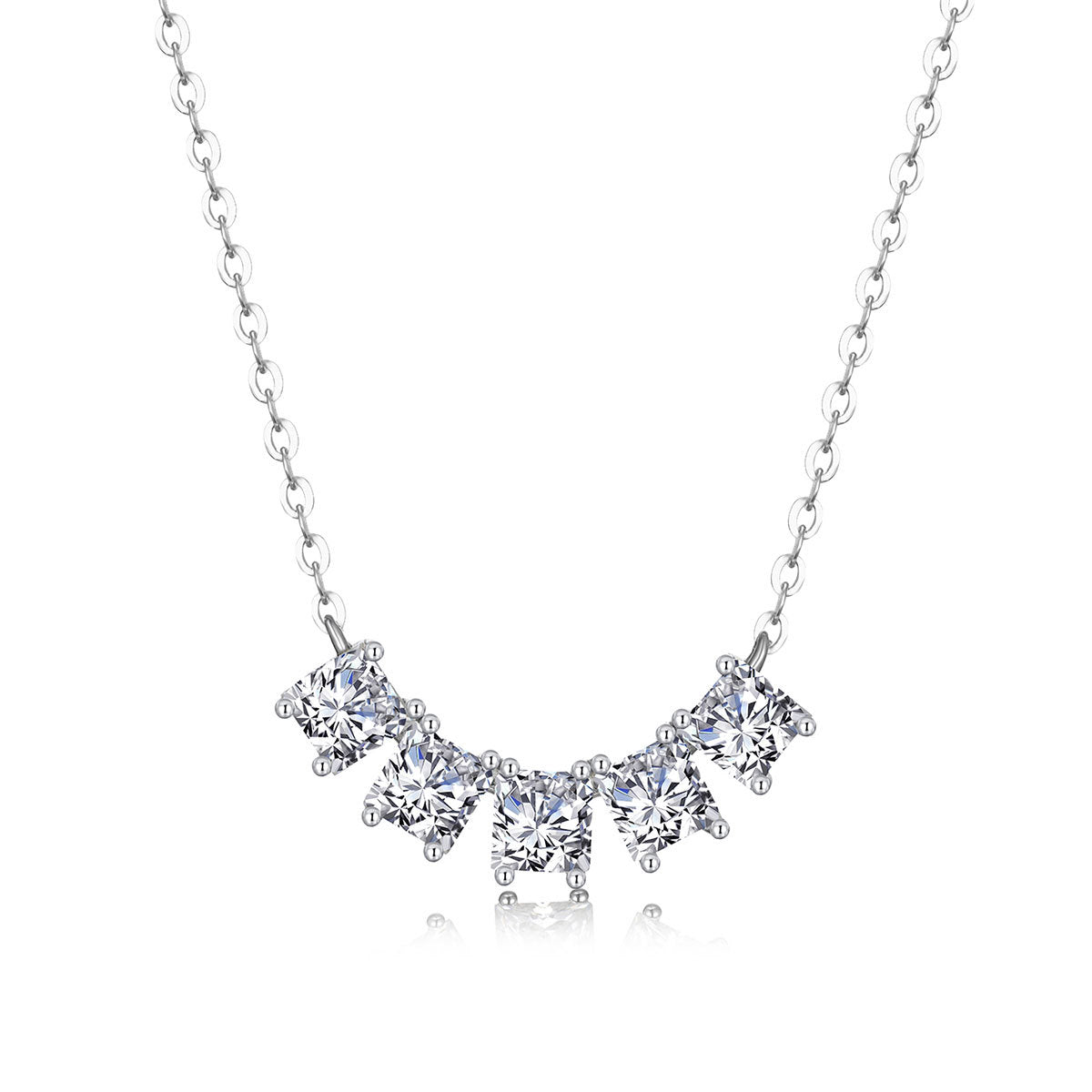 S925 Sterling Silver Square Row Moissanite Pendant Necklace | White Gold