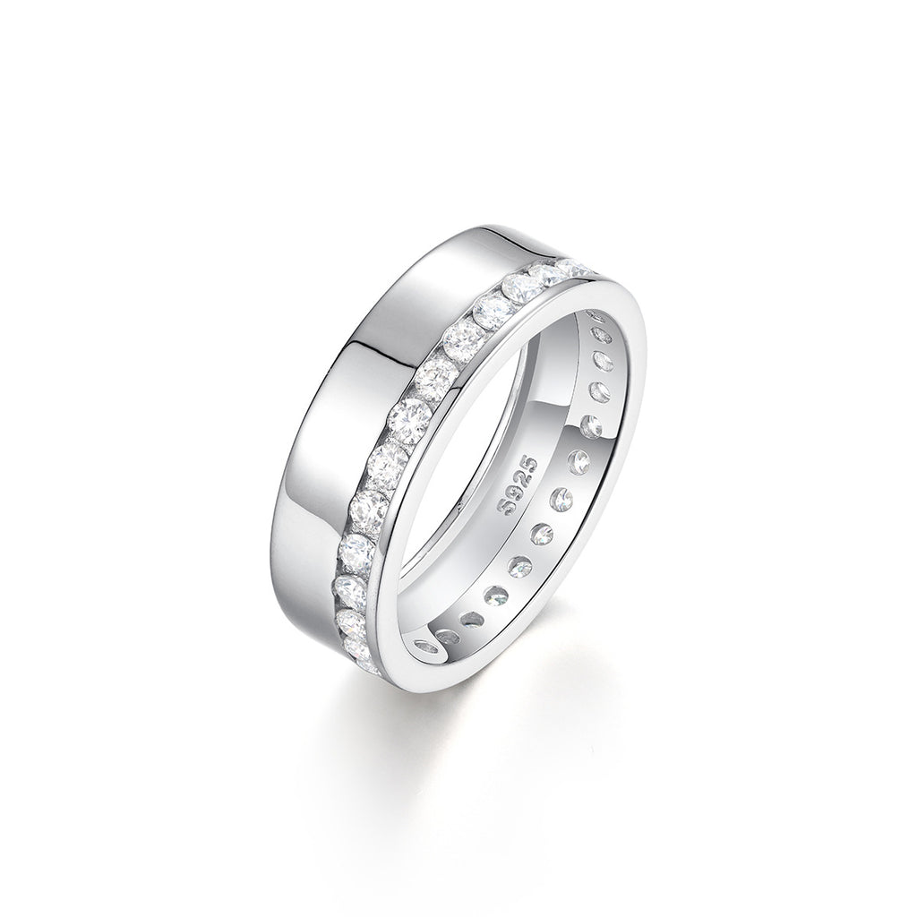 S925 Sterling Silver Men's Full Eternity Moissanite Ring | White Gold, US Size 5–11