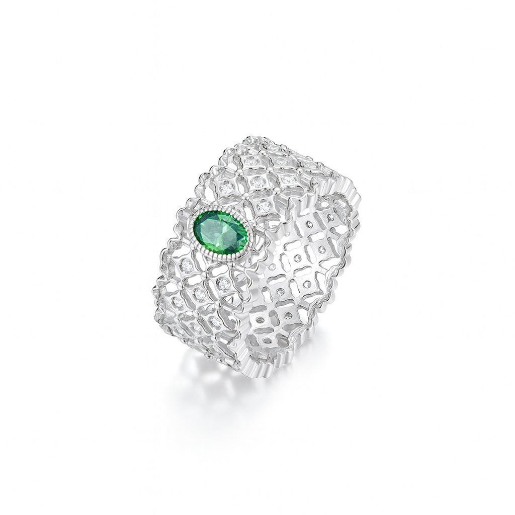 S925 Sterling Silver Green Moissanite Lace Ring | Vintage Luxury