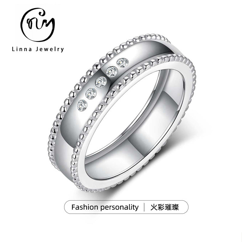 S925 Sterling Silver Wide Pearl Edge Moissanite Ring | White Gold, US Size 5–11