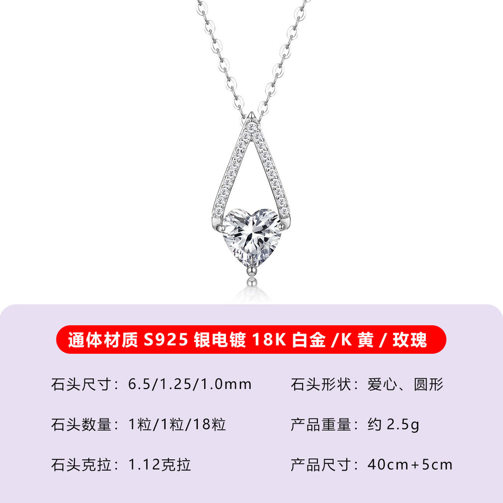 S925 Sterling Silver Triangle Heart Moissanite Pendant Necklace | White Gold