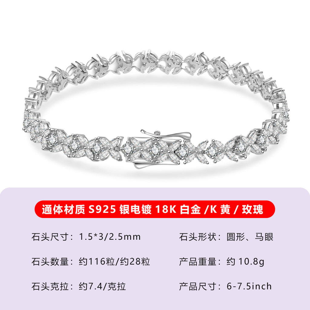 S925银莫桑石花叶满镶款手链工厂直供轻奢闪耀精致百搭日常首饰