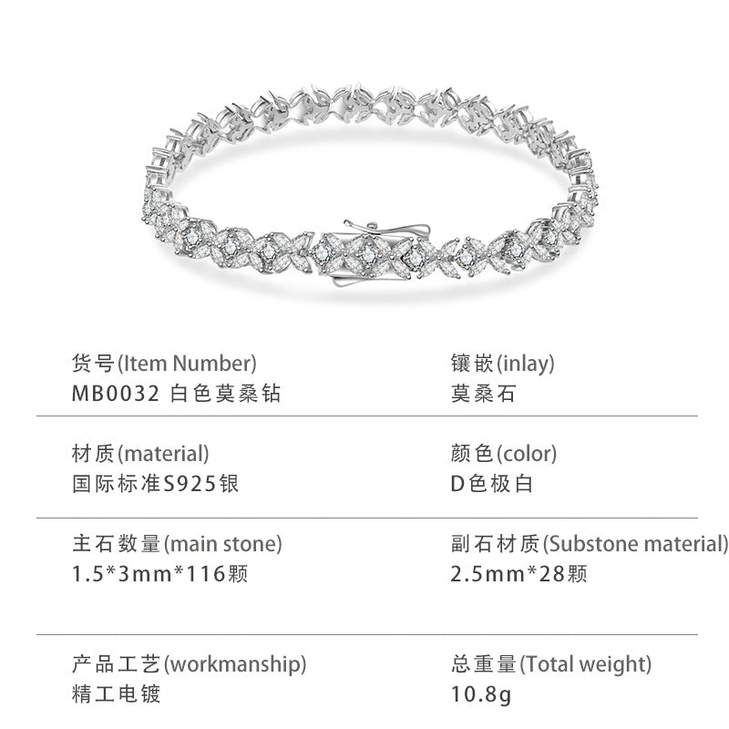 S925银莫桑石花叶满镶款手链工厂直供轻奢闪耀精致百搭日常首饰