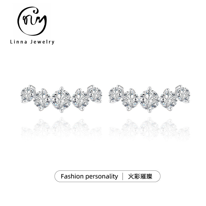 S925 Sterling Silver Five Stone Row Moissanite Stud Earrings | White Gold