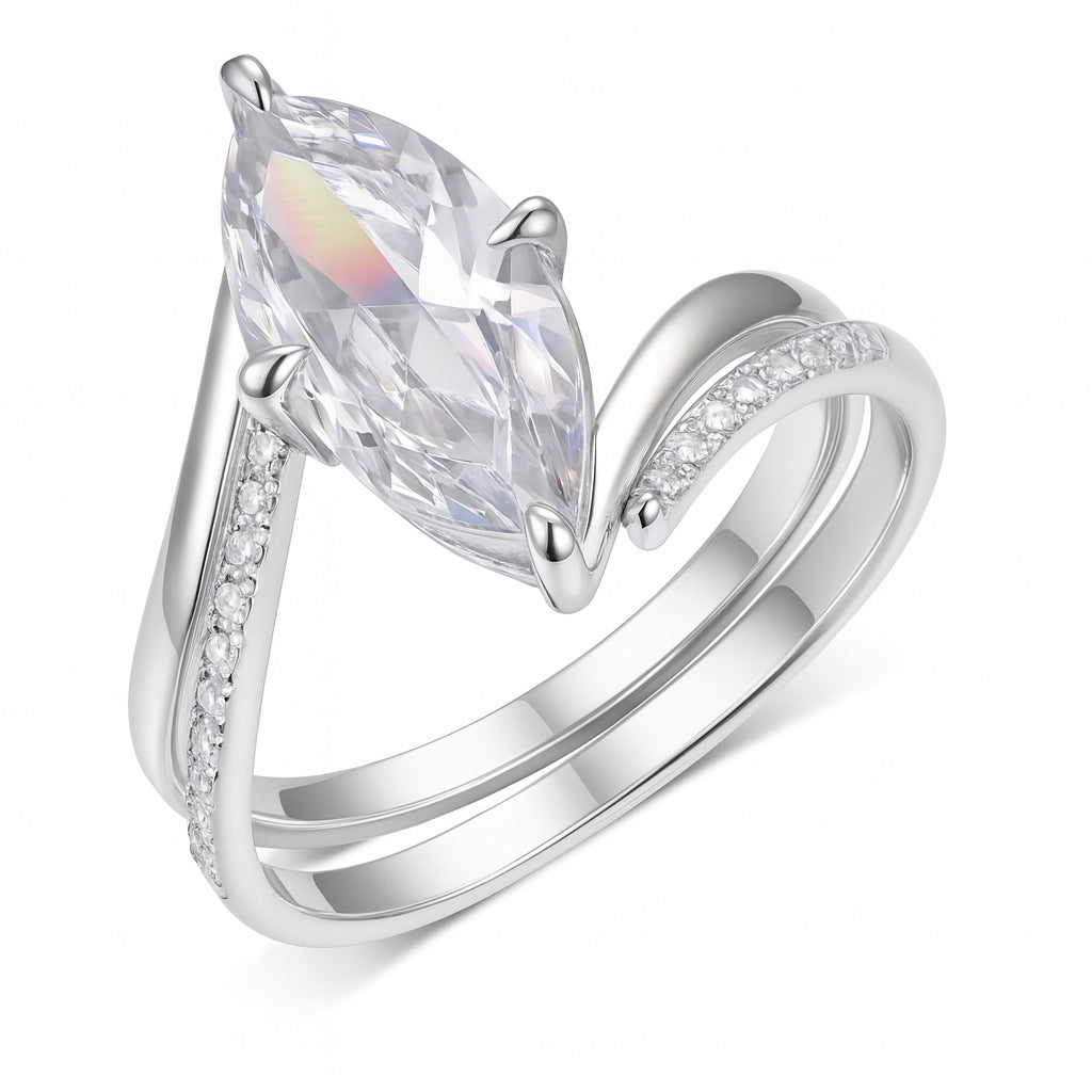 S925 Sterling Silver Marquise Moissanite Stackable Ring | Gold Curved Band