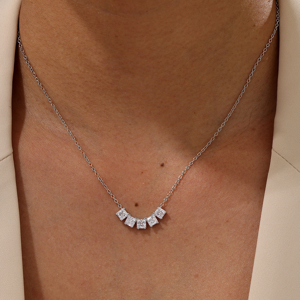 S925 Sterling Silver Square Row Moissanite Pendant Necklace | White Gold