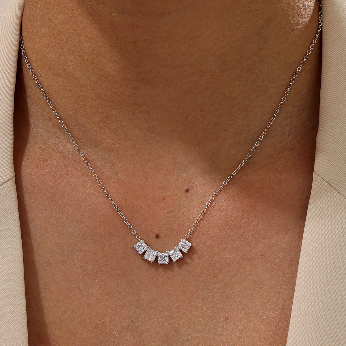 S925 Sterling Silver Square Row Moissanite Pendant Necklace | White Gold