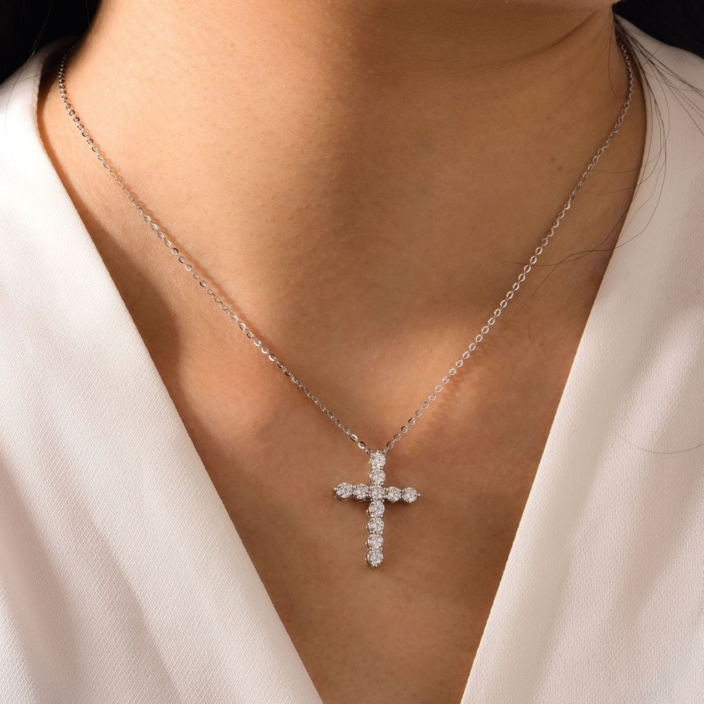 S925 Sterling Silver Moissanite Cross Pendant Necklace | White Gold