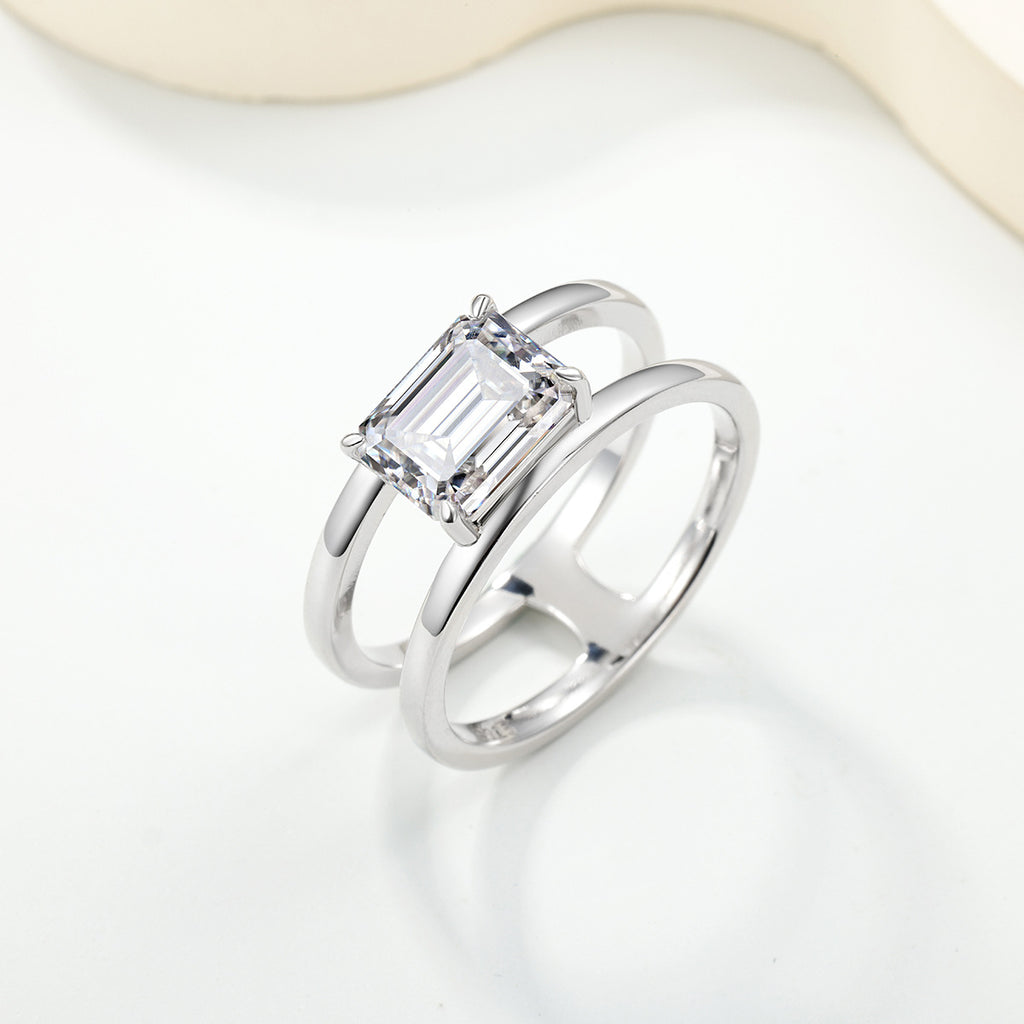 S925 Sterling Silver Rectangle Moissanite Double Band Ring | 6×8mm, Gold & White Gold