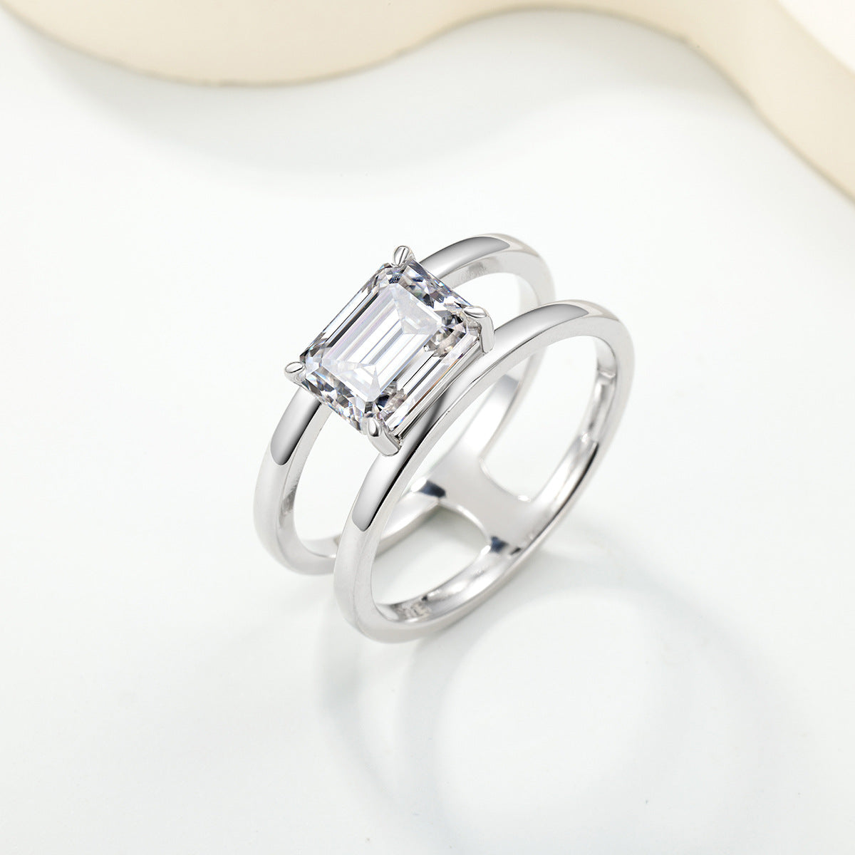 S925 Sterling Silver Rectangle Moissanite Double Band Ring | 6×8mm, Gold & White Gold