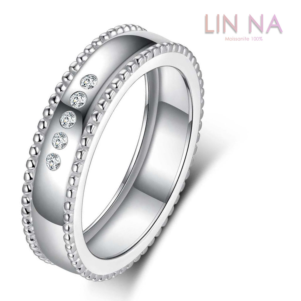 S925 Sterling Silver Wide Pearl Edge Moissanite Ring | White Gold, US Size 5–11