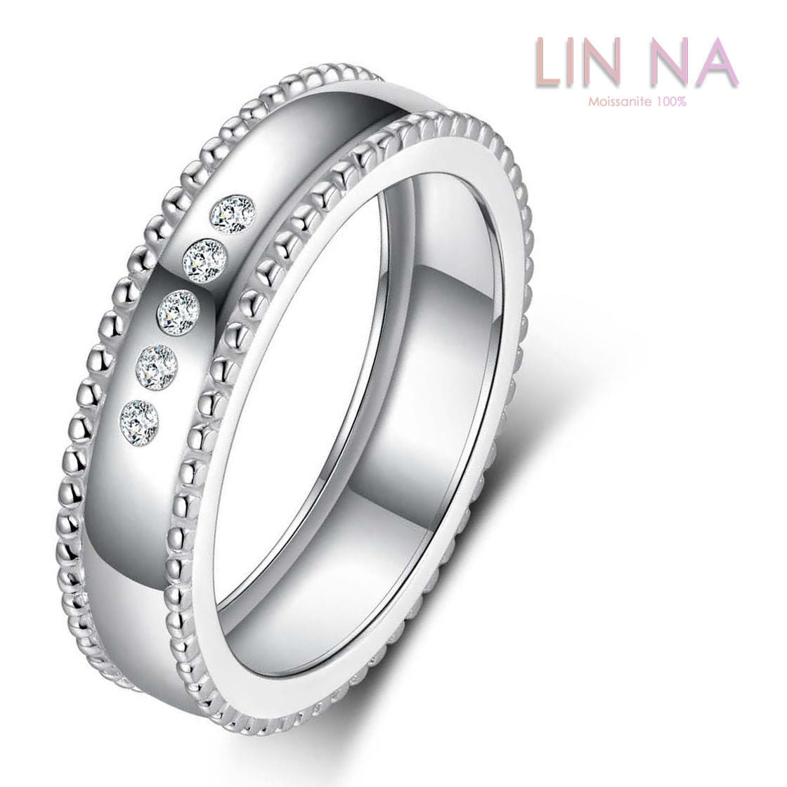 S925 Sterling Silver Wide Pearl Edge Moissanite Ring | White Gold, US Size 5–11