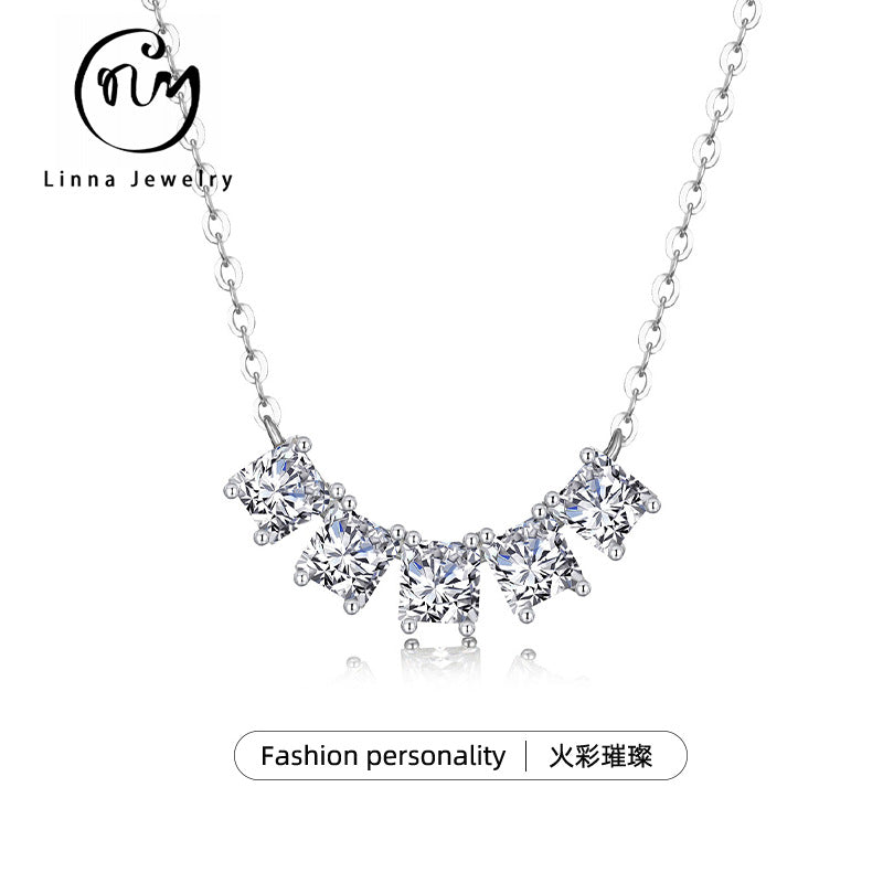 S925 Sterling Silver Square Row Moissanite Pendant Necklace | White Gold