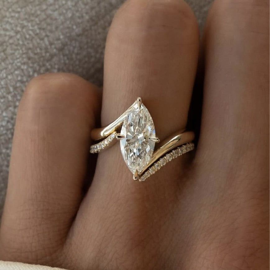 S925 Sterling Silver Marquise Moissanite Stackable Ring | Gold Curved Band