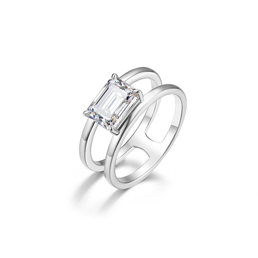 S925 Sterling Silver Rectangle Moissanite Double Band Ring | 6×8mm, Gold & White Gold