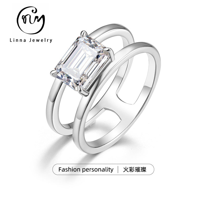 S925 Sterling Silver Rectangle Moissanite Double Band Ring | 6×8mm, Gold & White Gold