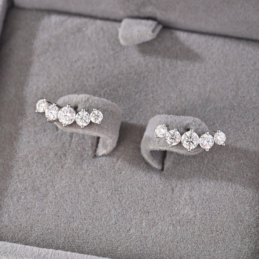 S925 Sterling Silver Five Stone Row Moissanite Stud Earrings | White Gold