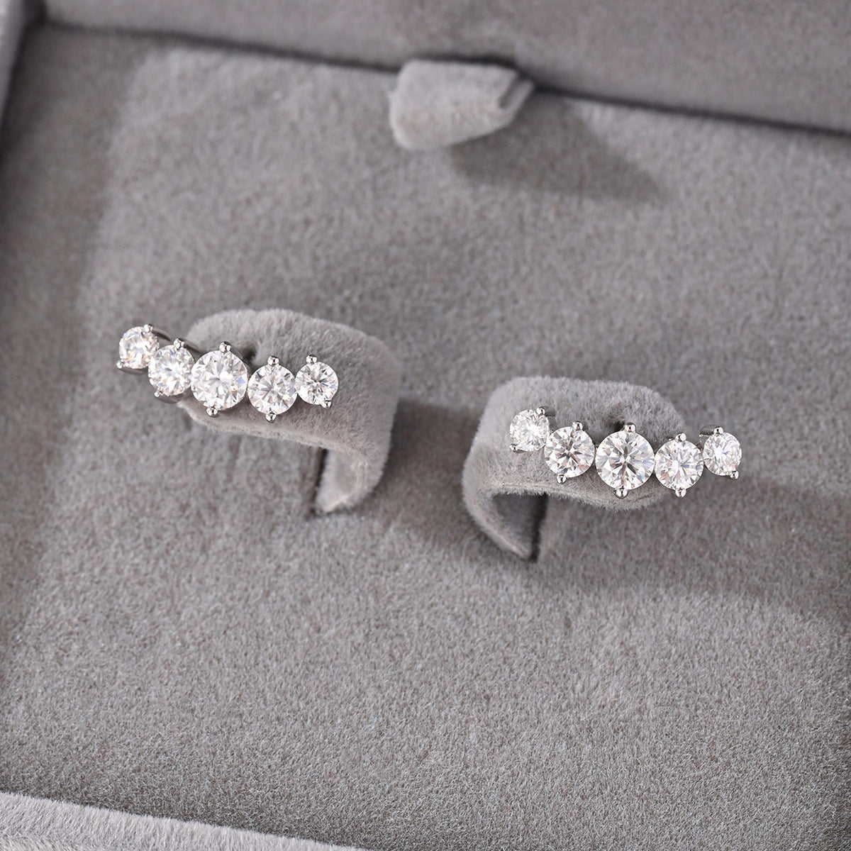 S925 Sterling Silver Five Stone Row Moissanite Stud Earrings | White Gold
