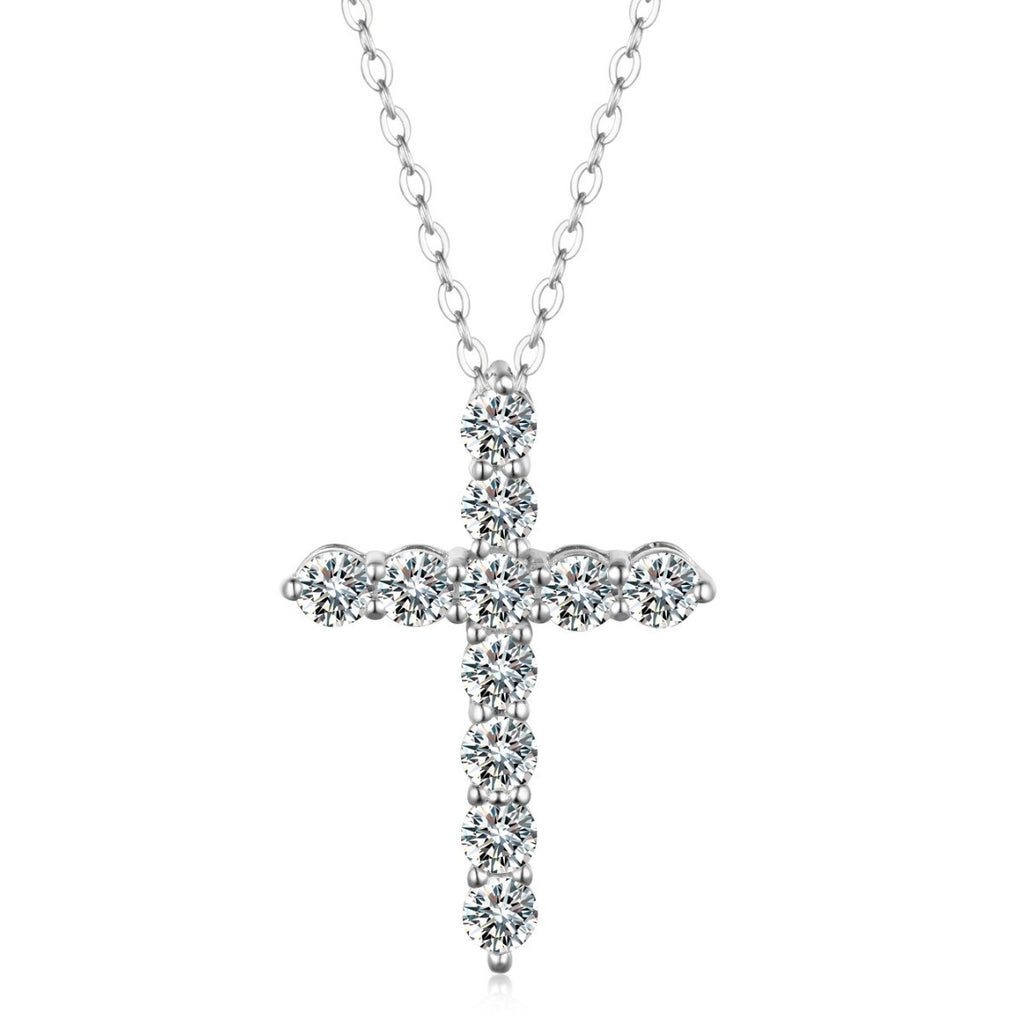 S925 Sterling Silver Moissanite Cross Pendant Necklace | White Gold