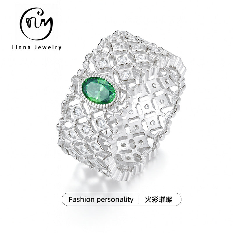 S925 Sterling Silver Green Moissanite Lace Ring | Vintage Luxury