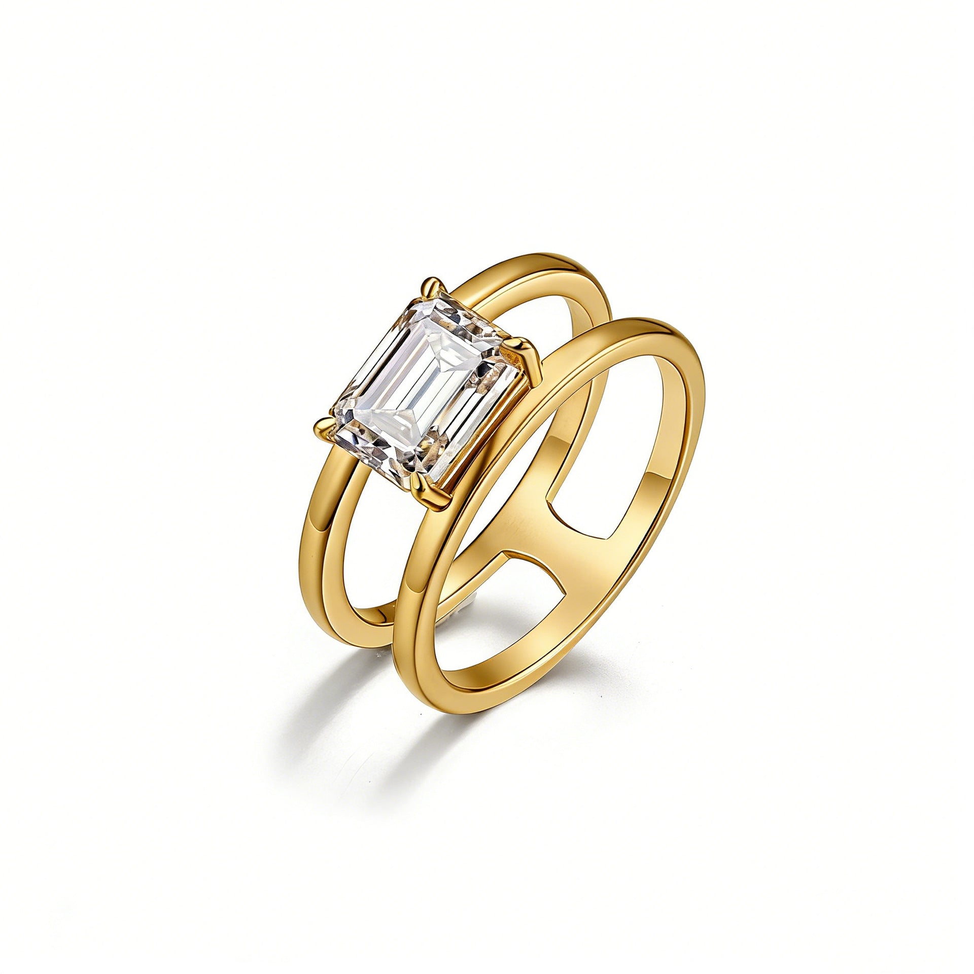 S925 Sterling Silver Rectangle Moissanite Double Band Ring | 6×8mm, Gold & White Gold