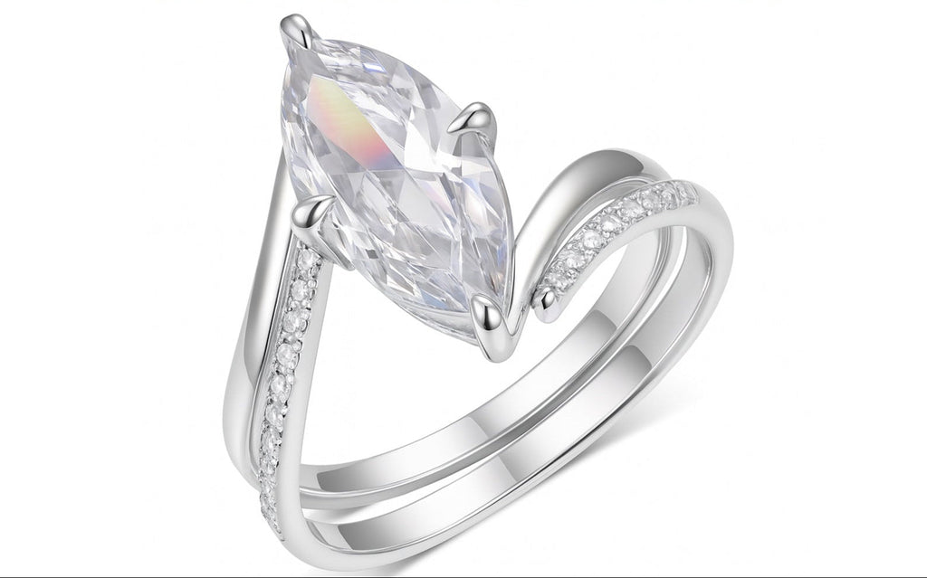 S925 Sterling Silver Marquise Moissanite Stackable Ring | Gold Curved Band