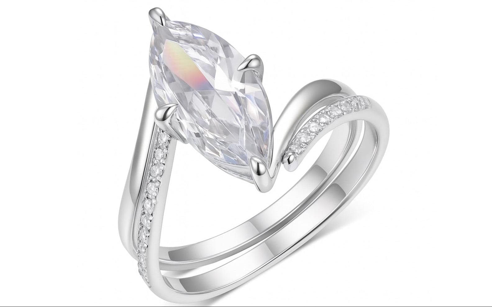 S925 Sterling Silver Marquise Moissanite Stackable Ring | Gold Curved Band