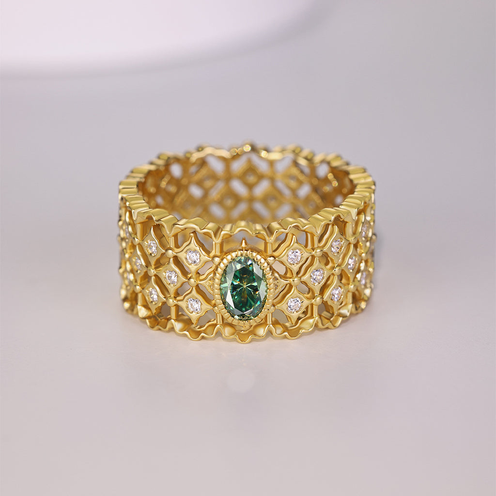 S925 Sterling Silver Green Moissanite Lace Ring | Vintage Luxury
