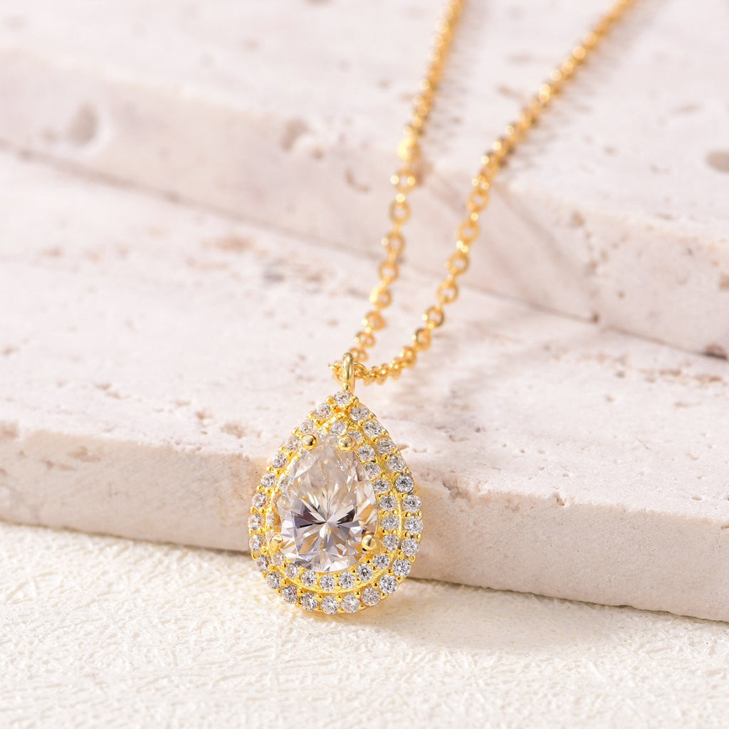 S925 Sterling Silver Triple Teardrop Moissanite Collarbone Necklace | Gold & White Gold