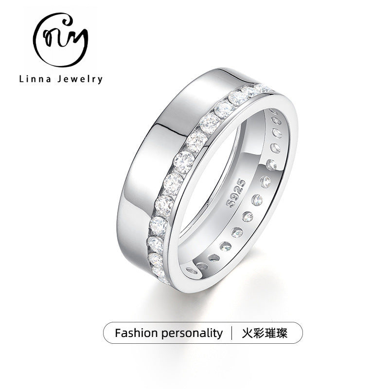 S925 Sterling Silver Men's Full Eternity Moissanite Ring | White Gold, US Size 5–11