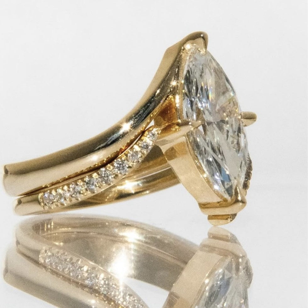 S925 Sterling Silver Marquise Moissanite Stackable Ring | Gold Curved Band