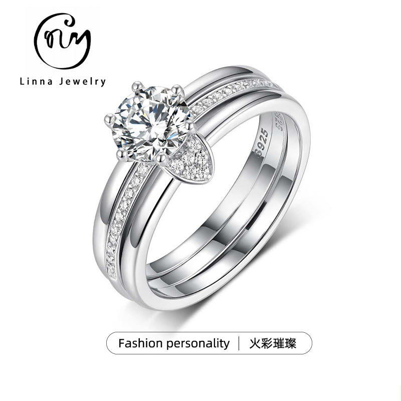 S925 Sterling Silver Double Layer Moissanite Ring Set | Engagement & Wedding