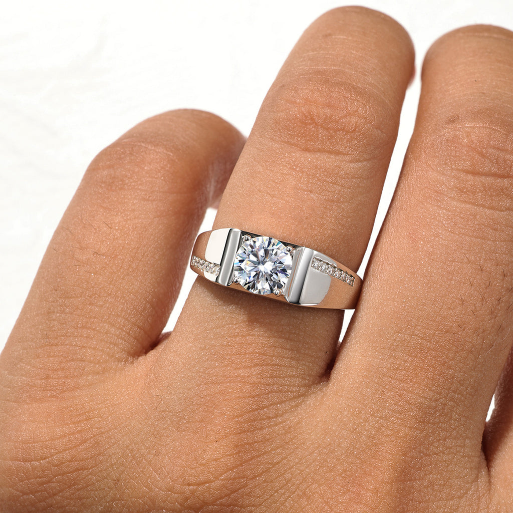S925 Sterling Silver Men's Single Stone Moissanite Ring | 1CT, Gold & White Gold