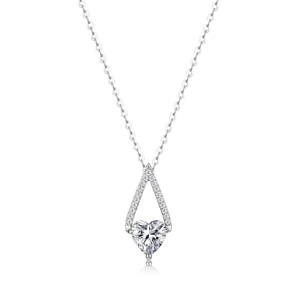 S925 Sterling Silver Triangle Heart Moissanite Pendant Necklace | White Gold