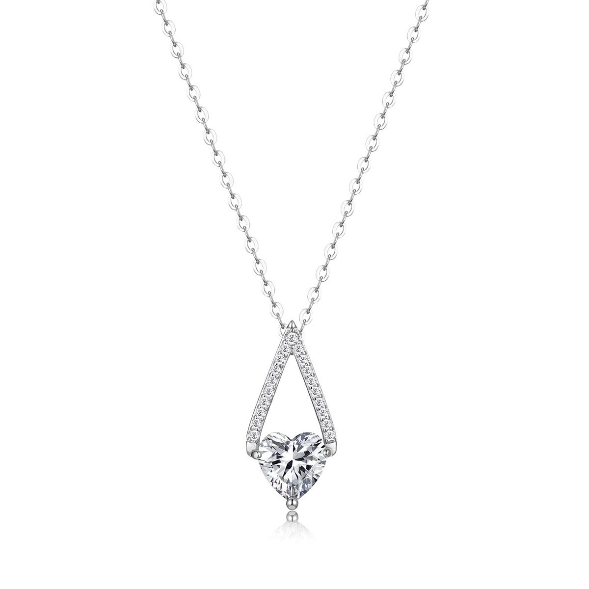S925 Sterling Silver Triangle Heart Moissanite Pendant Necklace | White Gold