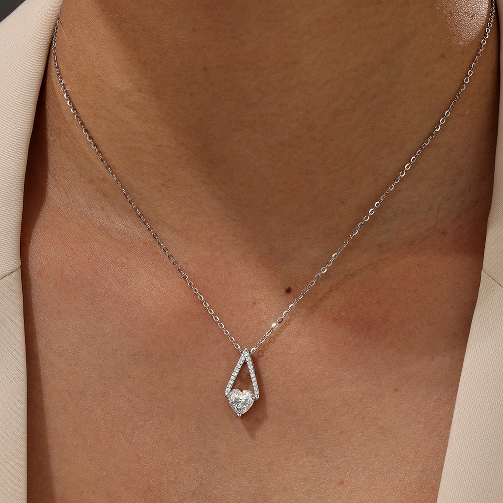 S925 Sterling Silver Triangle Heart Moissanite Pendant Necklace | White Gold