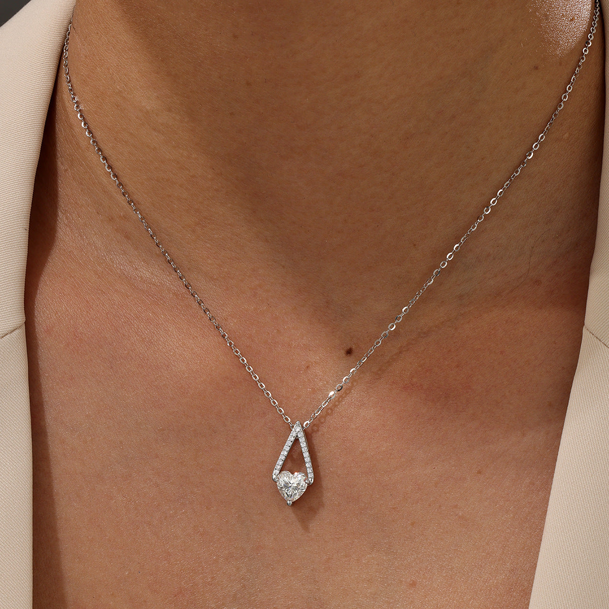 S925 Sterling Silver Triangle Heart Moissanite Pendant Necklace | White Gold