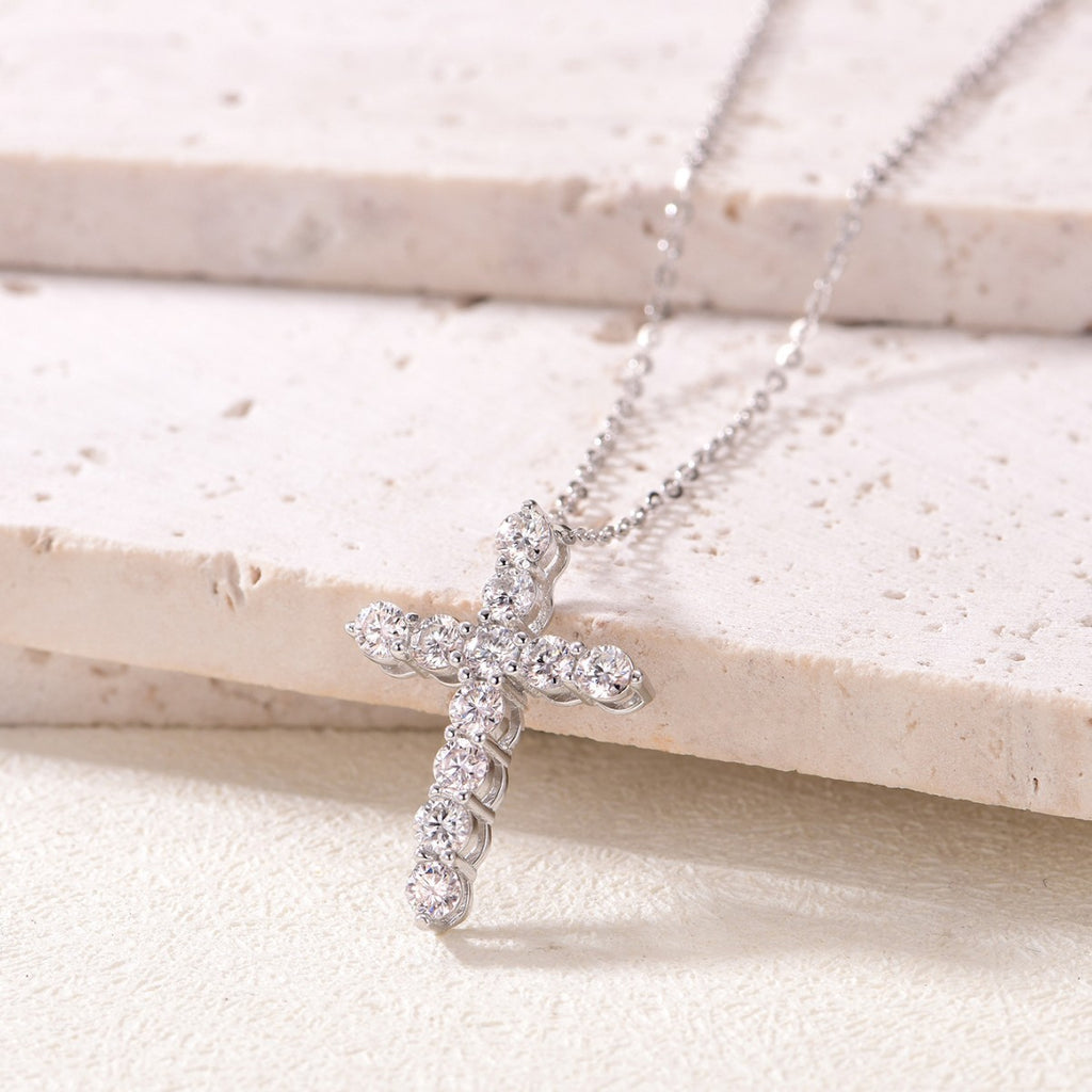 S925 Sterling Silver Moissanite Cross Pendant Necklace | White Gold